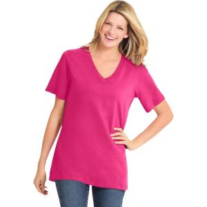 Woman Within Plus Size Perfect Short-Sleeve V-Neck Tee (Petite Available)(Raspberry Sorbet)