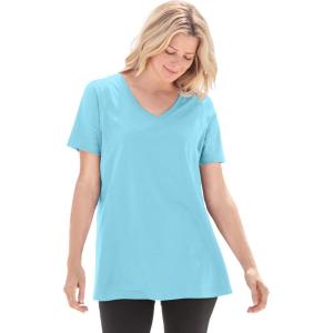 Woman Within Plus Size Perfect Short-Sleeve V-Neck Tee (Petite Available)(Seamist Blue)