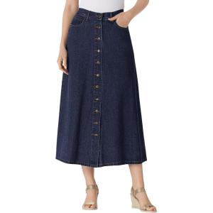 Woman Within Plus Size Perfect Side-Elastic All-Cotton Button Front Denim Jeans Skirt(Indigo)