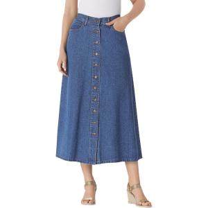 Woman Within Plus Size Perfect Side-Elastic All-Cotton Button Front Denim Jeans Skirt(Medium Stonewash)