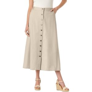 Woman Within Plus Size Perfect Side-Elastic All-Cotton Button Front Denim Jeans Skirt(Natural Khaki)