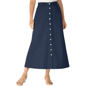 Woman Within Plus Size Perfect Side-Elastic All-Cotton Button Front Denim Jeans Skirt(Navy)