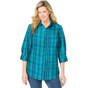 Woman Within Plus Size Perfect Three Quarter Sleeve Shirt(Aquamarine Plaid)