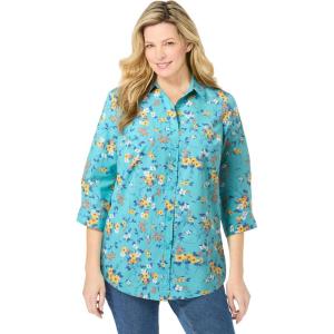 Woman Within Plus Size Perfect Three Quarter Sleeve Shirt(Aquamarine Pretty Bloom)