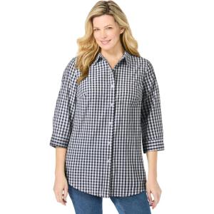 Woman Within Plus Size Perfect Three Quarter Sleeve Shirt(Black Gingham)