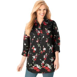 Woman Within Plus Size Perfect Three Quarter Sleeve Shirt(Black Multi Floral)