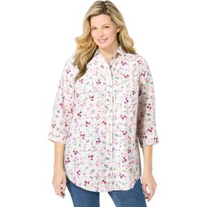 Woman Within Plus Size Perfect Three Quarter Sleeve Shirt(Bright Rose Gridded Floral)