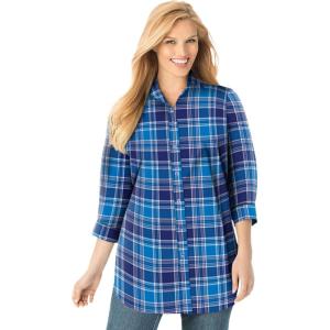 Woman Within Plus Size Perfect Three Quarter Sleeve Shirt(Evening Blue Pretty Plaid)