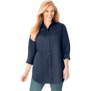 Woman Within Plus Size Perfect Three Quarter Sleeve Shirt(Navy)