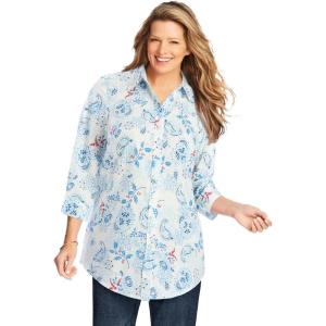 Woman Within Plus Size Perfect Three Quarter Sleeve Shirt(White Winter Batik)