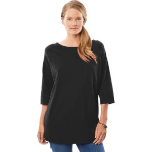 Woman Within Plus Size Perfect Three-Quarter Sleeve Boatneck Tee(Black)