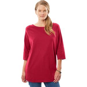 Woman Within Plus Size Perfect Three-Quarter Sleeve Boatneck Tee(Classic Red)