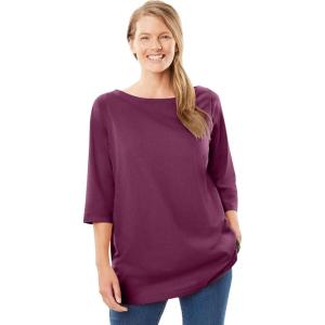 Woman Within Plus Size Perfect Three-Quarter Sleeve Boatneck Tee(Deep Claret)