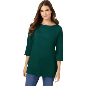 Woman Within Plus Size Perfect Three-Quarter Sleeve Boatneck Tee(Emerald Green)