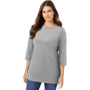 Woman Within Plus Size Perfect Three-Quarter Sleeve Boatneck Tee(Medium Heather Grey)