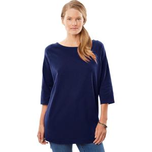 Woman Within Plus Size Perfect Three-Quarter Sleeve Boatneck Tee(Navy)