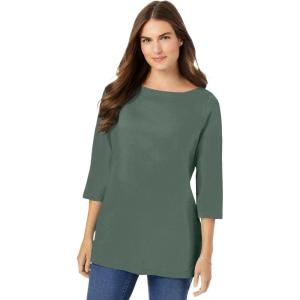 Woman Within Plus Size Perfect Three-Quarter Sleeve Boatneck Tee(Pine)