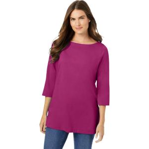 Woman Within Plus Size Perfect Three-Quarter Sleeve Boatneck Tee(Raspberry)