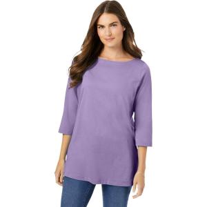 Woman Within Plus Size Perfect Three-Quarter Sleeve Boatneck Tee(Soft Iris)