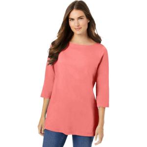 Woman Within Plus Size Perfect Three-Quarter Sleeve Boatneck Tee(Sweet Coral)