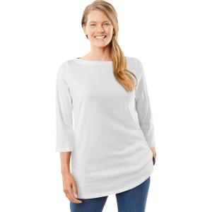 Woman Within Plus Size Perfect Three-Quarter Sleeve Boatneck Tee(White)