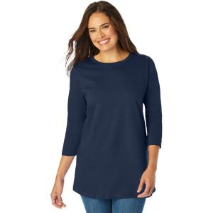 Woman Within Plus Size Perfect Three-Quarter Sleeve Crewneck Tee(Navy)
