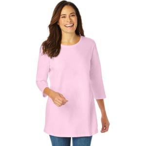 Woman Within Plus Size Perfect Three-Quarter Sleeve Crewneck Tee(Pink)