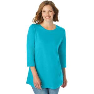 Woman Within Plus Size Perfect Three-Quarter Sleeve Crewneck Tee(Pretty Turquoise)