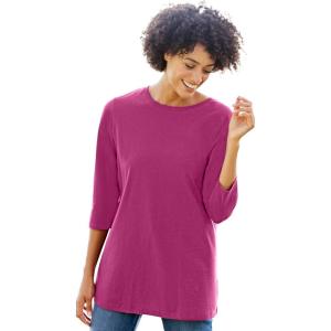 Woman Within Plus Size Perfect Three-Quarter Sleeve Crewneck Tee(Raspberry)