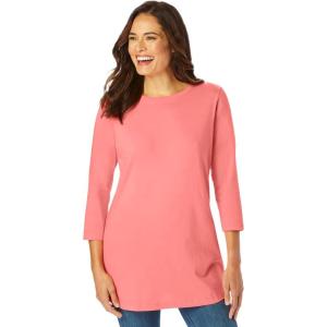 Woman Within Plus Size Perfect Three-Quarter Sleeve Crewneck Tee(Sweet Coral)