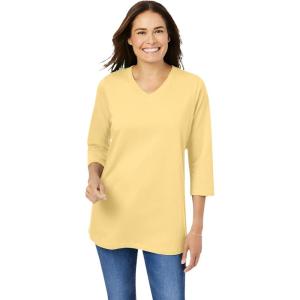 Woman Within Plus Size Perfect Three-Quarter Sleeve V-Neck Tee (Petite Available)(Banana)