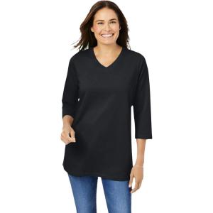 Woman Within Plus Size Perfect Three-Quarter Sleeve V-Neck Tee (Petite Available)(Black)