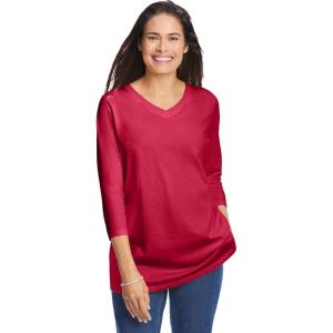 Woman Within Plus Size Perfect Three-Quarter Sleeve V-Neck Tee (Petite Available)(Classic Red)