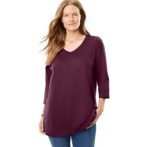 Woman Within Plus Size Perfect Three-Quarter Sleeve V-Neck Tee (Petite Available)(Deep Claret)