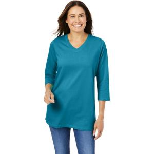 Woman Within Plus Size Perfect Three-Quarter Sleeve V-Neck Tee (Petite Available)(Deep Teal)