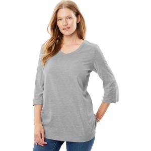 Woman Within Plus Size Perfect Three-Quarter Sleeve V-Neck Tee (Petite Available)(Heather Grey)