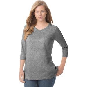 Woman Within Plus Size Perfect Three-Quarter Sleeve V-Neck Tee (Petite Available)(Medium Heather Grey)