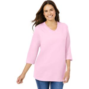 Woman Within Plus Size Perfect Three-Quarter Sleeve V-Neck Tee (Petite Available)(Pink)