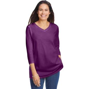 Woman Within Plus Size Perfect Three-Quarter Sleeve V-Neck Tee (Petite Available)(Plum Purple)