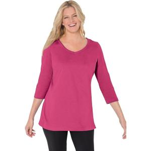 Woman Within Plus Size Perfect Three-Quarter Sleeve V-Neck Tee (Petite Available)(Raspberry)