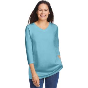 Woman Within Plus Size Perfect Three-Quarter Sleeve V-Neck Tee (Petite Available)(Seamist Blue)