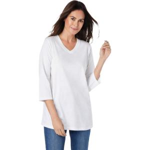 Woman Within Plus Size Perfect Three-Quarter Sleeve V-Neck Tee (Petite Available)(White)
