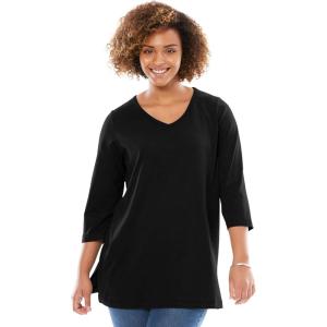Woman Within Plus Size Perfect Three-Quarter Sleeve V-Neck Tunic(Black)