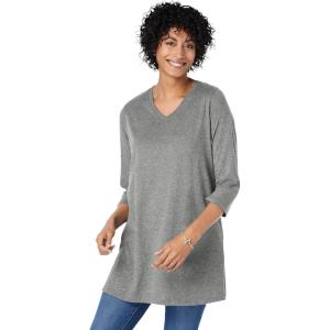 Woman Within Plus Size Perfect Three-Quarter Sleeve V-Neck Tunic(Classic Medium Heather Grey)
