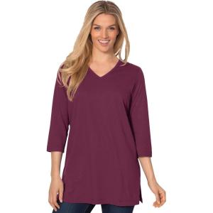 Woman Within Plus Size Perfect Three-Quarter Sleeve V-Neck Tunic(Deep Claret)
