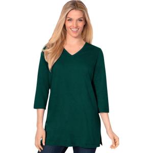 Woman Within Plus Size Perfect Three-Quarter Sleeve V-Neck Tunic(Emerald Green)