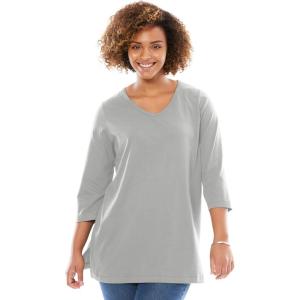 Woman Within Plus Size Perfect Three-Quarter Sleeve V-Neck Tunic(Heather Grey)
