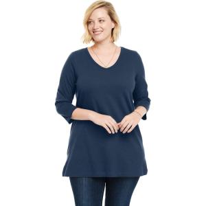 Woman Within Plus Size Perfect Three-Quarter Sleeve V-Neck Tunic(Navy)