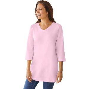 Woman Within Plus Size Perfect Three-Quarter Sleeve V-Neck Tunic(Pink)