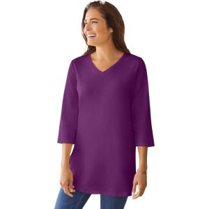 Woman Within Plus Size Perfect Three-Quarter Sleeve V-Neck Tunic(Plum Purple)
